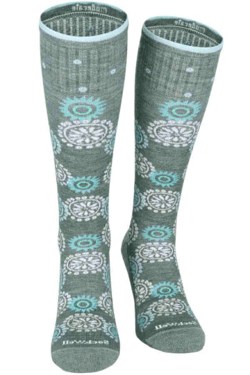 Stylische Merino Kompressionsstrümpfe für Damen. BlockPrint Muster in Mineral-grün