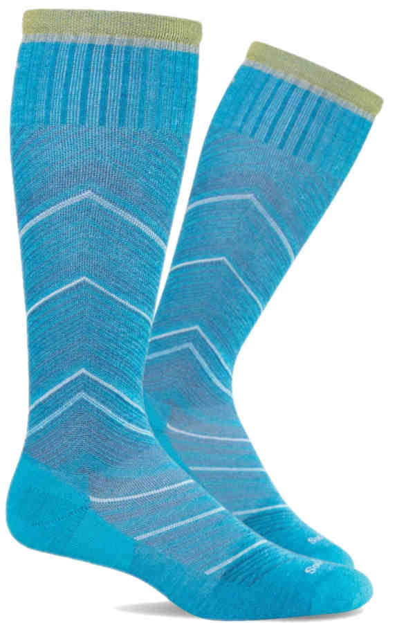 Full Flattery Woman xtra wide, Stützsocken von Sockwell mit Merinowolle und modernem Pfeilmuster, Farbe türkis