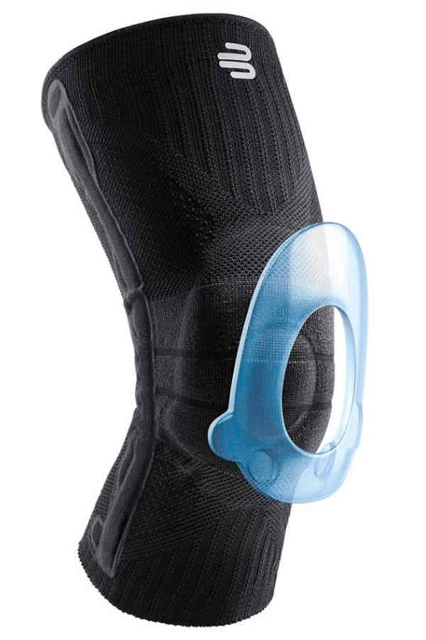 Sports Knee Support von Bauerfeind in All Black mit Ringpelotte um die Patella, Kniescheibe