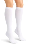 Compressana Twist Stützstrümpfe in weiss, isoliert an einem Manequin-Bein mit Detail Abschlussbund