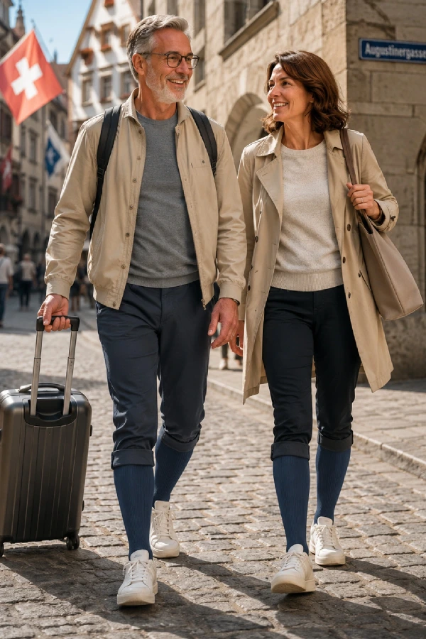Sigvaris® Traveno Reise-Stützsocken in schönem navy-blue, Ehepaar unterwegs in Bern