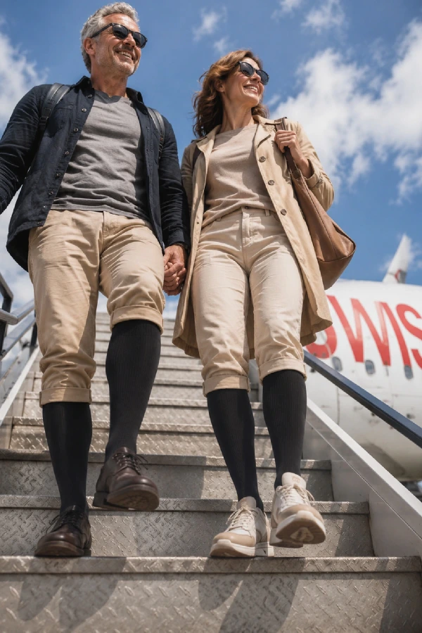 Sigvaris® Traveno Reise-Stützsocken, schwarz auf Swiss Flug