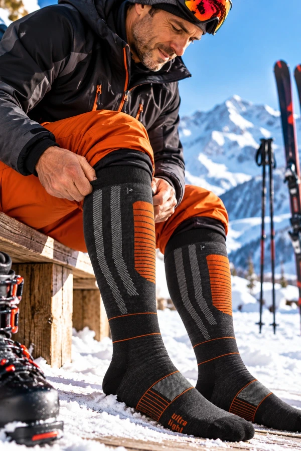 Skifahrer zieht die Rohner Ultra Light in Schwarz-Orange an