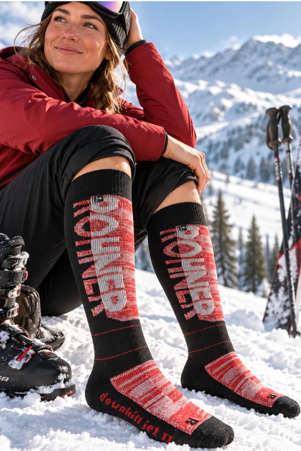 Skifahrerin mit der Rohner Downhill Jet II in Rot im Schnee