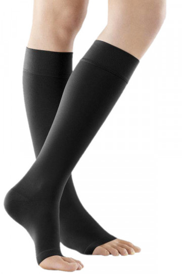 VenoTrain soft Kompressionsstrumpf in schwarz mit offenem Fuss