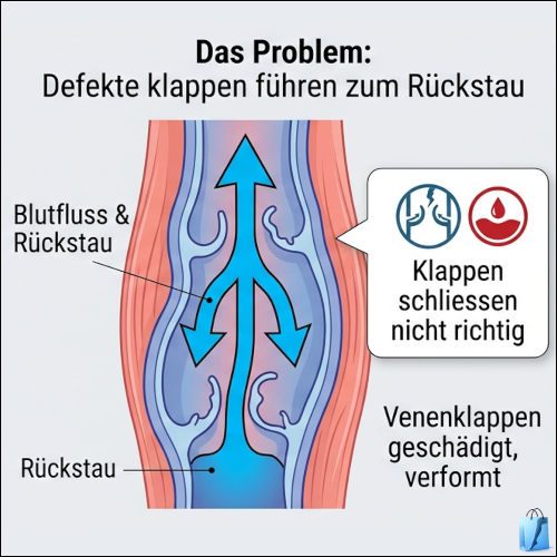 Defekte Venenklappen mit Rückfluss und Stauung