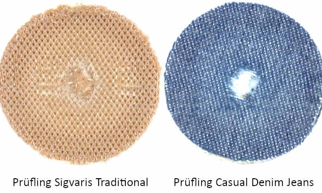 Detailaufnahme von zwei Stücken nach dem Martindale Test