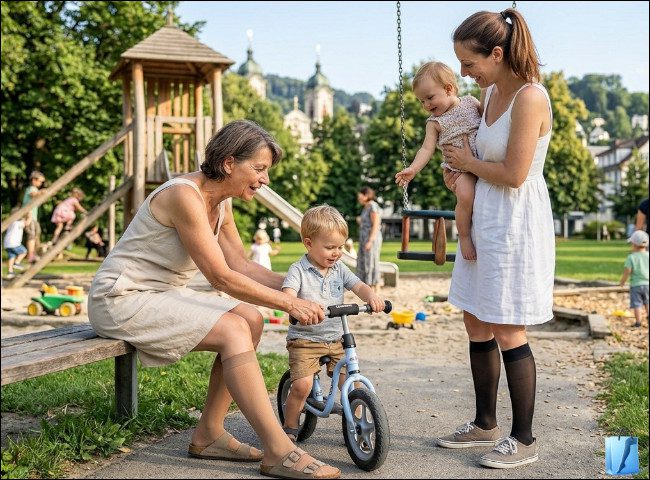 Highlight by Sigvaris - feinste Strümpfe im Alltag auf dem Spielplatz in St.Gallen