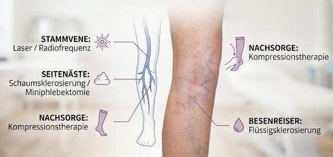 Schematische medizinische Illustration der Beine zur Krampfaderbehandlung. Dargestellt sind verschiedene Therapieformen wie Laser- und Radiofrequenztherapie, Schaumsklerosierung, Flüssigsklerosierung bei Besenreisern und Kompressionstherapie anhand von Symbolen und Verbindungslinien.