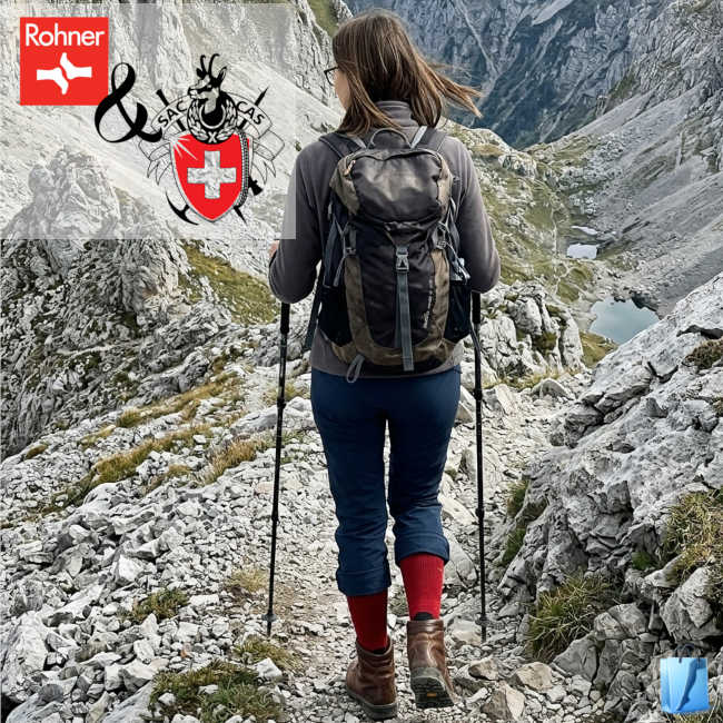 Rohner SAC Compression Outdoor Light Socken in den Alpen auf einm steilen Abstieg